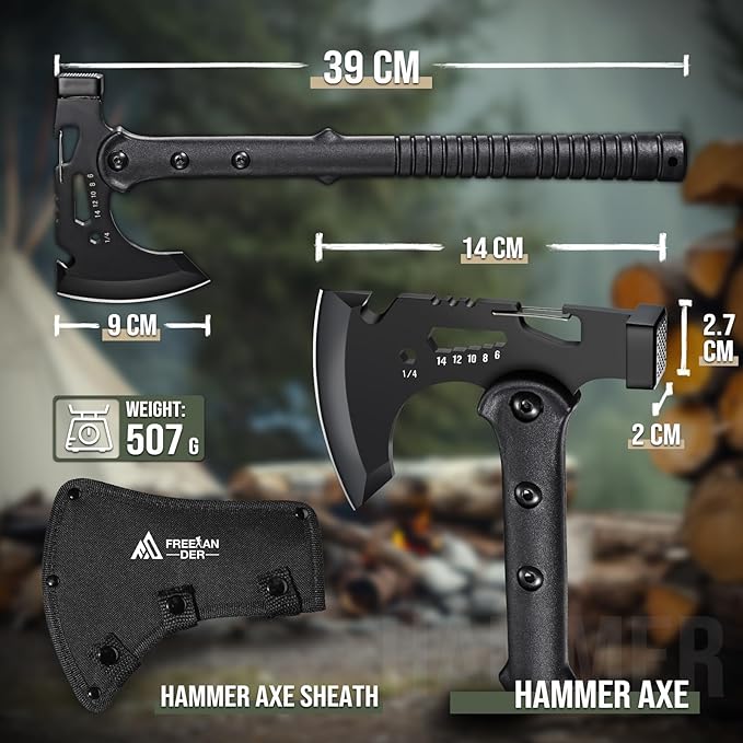 Freelander Camping Axe with Sheath, Sharp Tactical Hatchet Axe with Clip and Bottle Opener, Multi-Functional Hammer Tactical Tomahawk, Survival Tomahawk Axe for Camping (Black, 15 Inch)