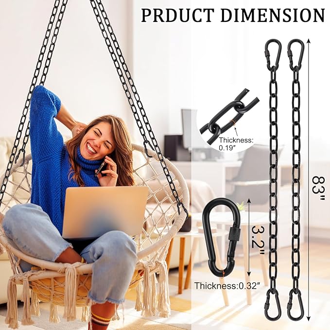 Hammock Chair Chain, 2 Pack 83in Hanging Swing Chain with 4 Carabiners, 660LB Capacity Heavy Duty Hammock Hanging Kit for Punching Bags, Swing Hangers, Porch, Patio, Playground Indoor Outdoor (Black)