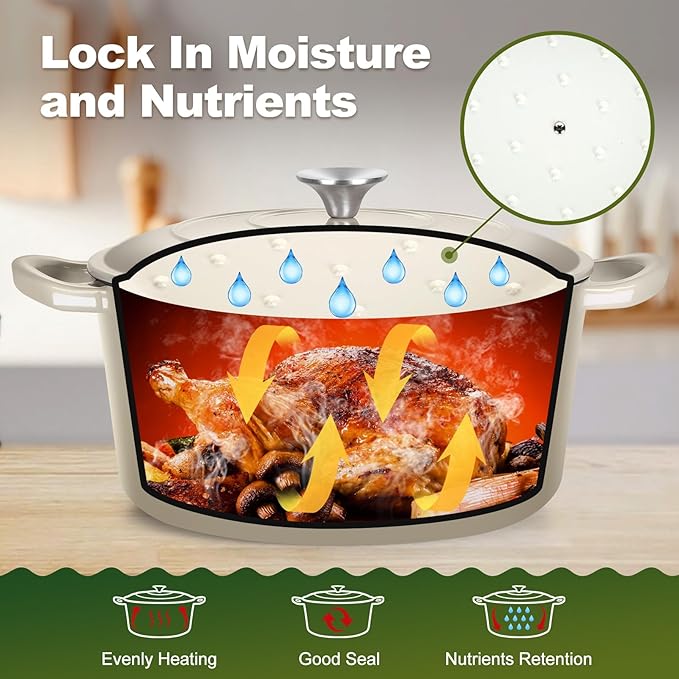 P&P CHEF 7QT Enameled Dutch Oven, Cast Iron Dutch Oven Pot with Lid for Bread Baking, Enameled Casserole Pot for Roasting Braising Stewing Frying Simmering, Various Stoves & Easy Clean, Khaki