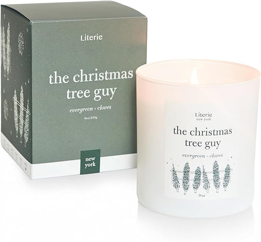 Literie NYC Inspired Scented Candle: The Christmas Tree Guy - Evergreen & Cloves Scent, 9oz, 50 Hour Burn, Vegan Soy & Coconut Blend Candle for Home Decor, Gift for Women & Men