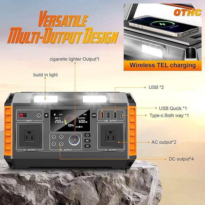 Portable Power Station 600W Output（1000W peak） 520Wh Capacity, fast charging, 4-Way Charging, Wireless Phone Charging, BMS Battery management system.
