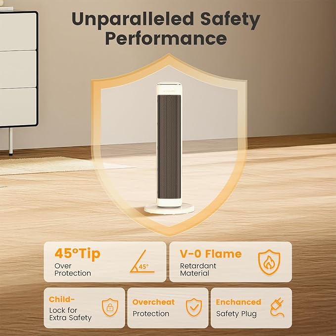 AIRMATE 25" Space Heater for Indoor Use Large Room, Ceramic Tower Electric Heater with Thermostat, Oscillating Room Heater with Timer, Remote Control, Overheat Protection heater for Bedroom(Beige)