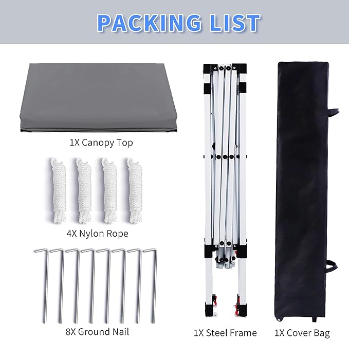 Pop Up Canopy 8X8 FT,Portable Sun Instant Shelter w/Backpack Bag,Waterproof,Adjustable Straight Leg Heights Canopies,Outdoor Tents for Parties,Camping,Commercial Event,Grey