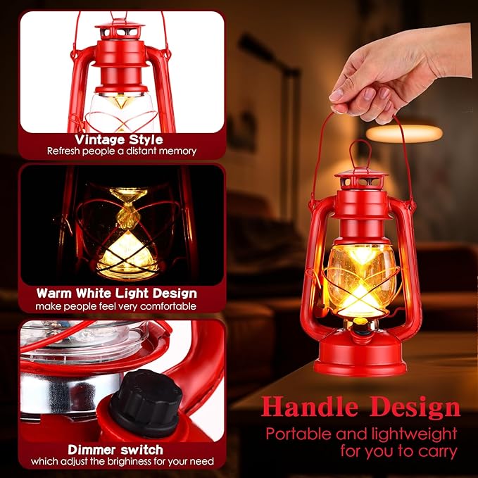 4 Pcs LED Vintage Lanterns Battery Operated Warm White Old Hurricane Lantern Antique Metal Hanging LED Lamp with Dimmer Switch for Indoor Table Outdoor Christmas Halloween(Red)