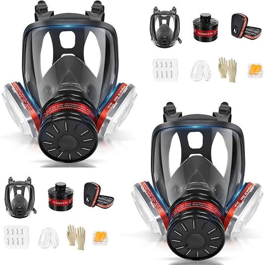 2 Set Gas Masks Survival Nuclear and Chemical - Full Face Gas Mask with 40mm Activated Carbon Filter, 6001 Filters, Earplug, and Gloves - Respirator Mask for Gases, Chemicals, Organic Vapors, Dust