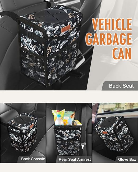 Car Trash Can with Lid, Cute Leakproof Car Trash Garbage Bag Hanging Vehicle Trash Bin Small Portable Automotive Garbage Cans Organizer for Back/Front Seat(Trapezoid,Black with Lily Print)