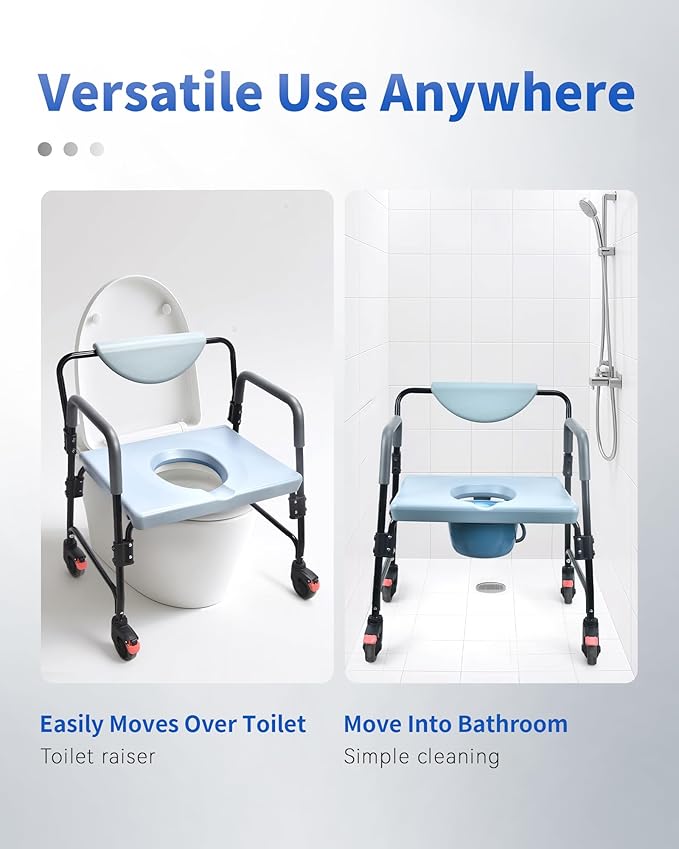 Sangohe Bedside Commode, Portable Toilet for Elderly, Rolling Commode with Wheels, Rear Locking Wheels, Bariatric Bedside Commode, 7-qt Commode Bucket Included, Extra Wide Seat, 601A