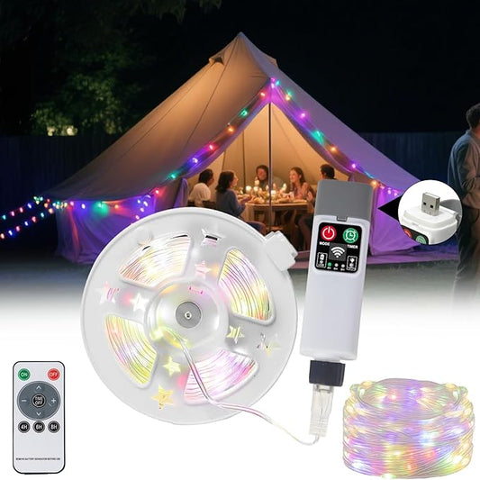 Moobibear Camping String Lights, Quick Storage, 66FT/200LED RGB Rechargeable Tent Lights String with USB 8 Lighting Modes, Hanging Waterproof Portable LED Lamp for for Camping Essentials, Yard, Party