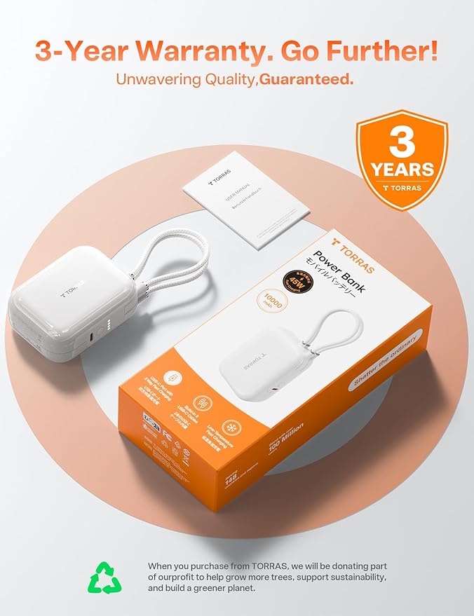 TORRAS 10000mah Portable Charger Power Bank 45W Fast Charging [Daily Use & Travel Essential] Built in Cable USB C, Phone Battery Pack Powerbank for iPhone 17 16 15, Samsung S25, S24, Google Piexl etc