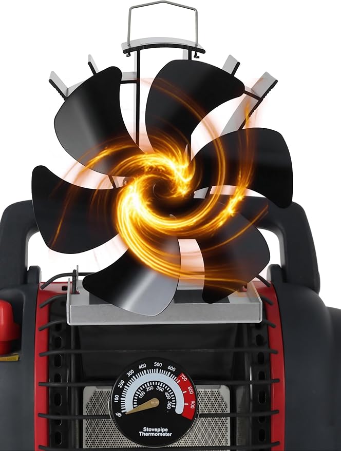 Wood stove fan for Little/Big Buddy Propane Heater, Heat Powered Fireplace Fans 6 Blades for Heaters Thermoelectric Thermal Fan with Bracket Camping/Picnic Indoor Use w/Stove Thermometer Accessories