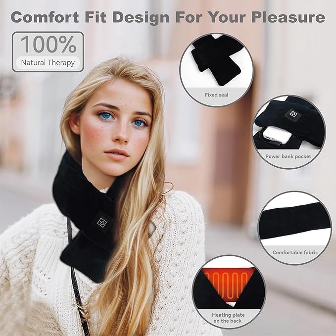 Neck Heating Pad with 5000 mAh Power Bank, Portable Heated Neck Scarf for Women, Cordless Heating Pad with Adjustable 3 Heat Settings, Soft Neck Warmer for Pain Relief