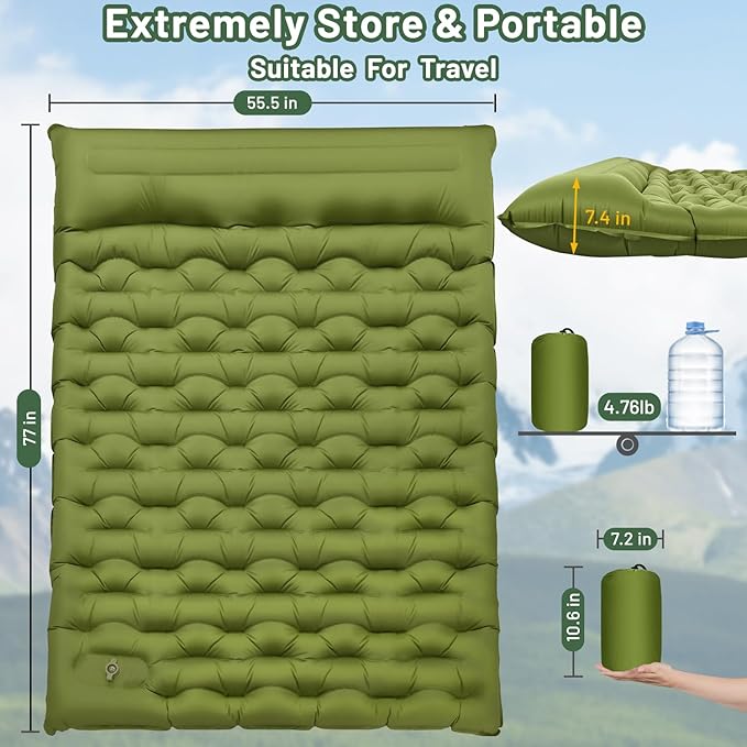 Sleeping Pad for Camping, 6" Extra Thick Double Sleeping Pad with Pillows & Built-in Foot Pump, Ultralight Camping Sleeping Mats Compact for Travel Tent Hiking Backpacking Car Camp Gear