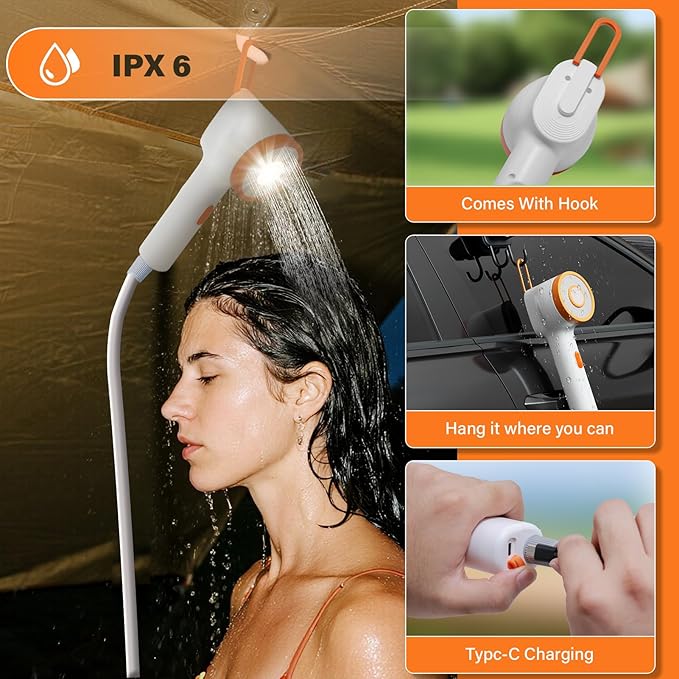 BSEED Portable Shower for Camping, Outdoor Electric Camping Shower with Light, Pumps Water from Bucket with Steady Stream, Outdoor Shower for Hiking, Travel, RV, Pets & Car Washing, Wartering Plants