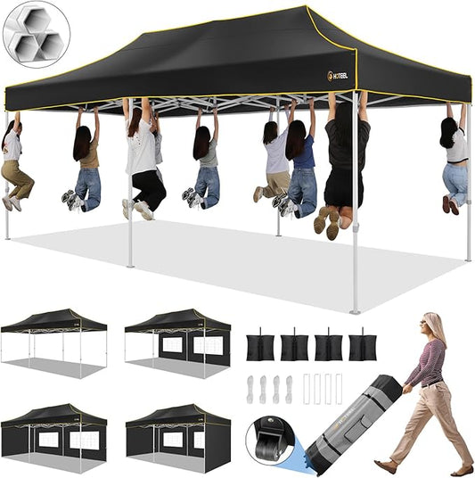 HOTEEL 10x20 Pop up Canopy Tent for Parties, Heavy Duty Easy Setup Tent with 4 Sidewalls, Outdoor Commercial Instant Gazebo for Wedding Event, with Roller Bag & Sand Bags, Black(Hexagonal Frame)
