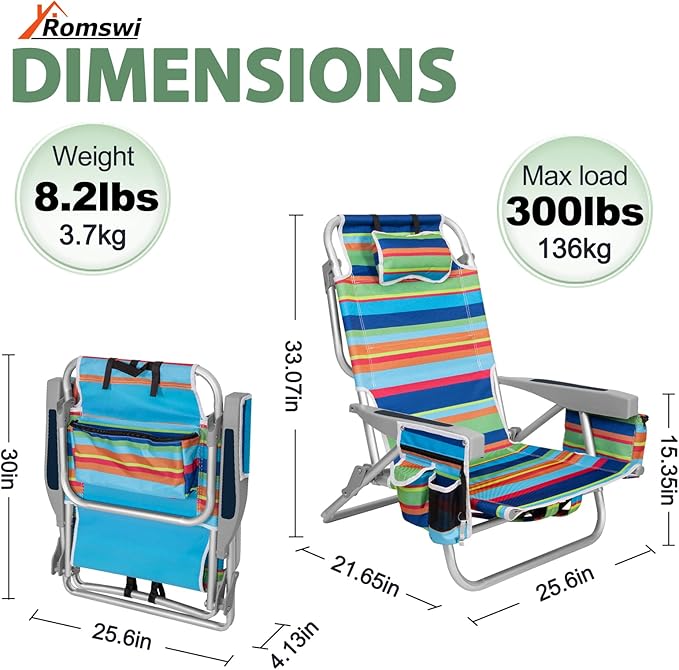 2Pk Aluminum 5-Position Lay Flat Folding Backpack Beach Chairs for Adults with Cooler Bag, Cup&Phone Holder, Towel Bar for Outdoor Lawn Picnic Sport, Portable Foldable Camping Chairs, Multi Stripes