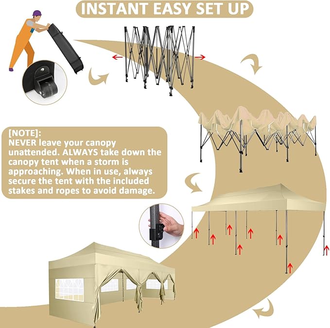 COBIZI 10x30 Pop Up Canopy with 8 Sidewall,Heavy Duty UPF 50+ All Season Wind Waterproof Commercial Outdoor Wedding Party Tents for Parties Canopy Gazebo with Roller Bag(10 x 30 ft Khaki)