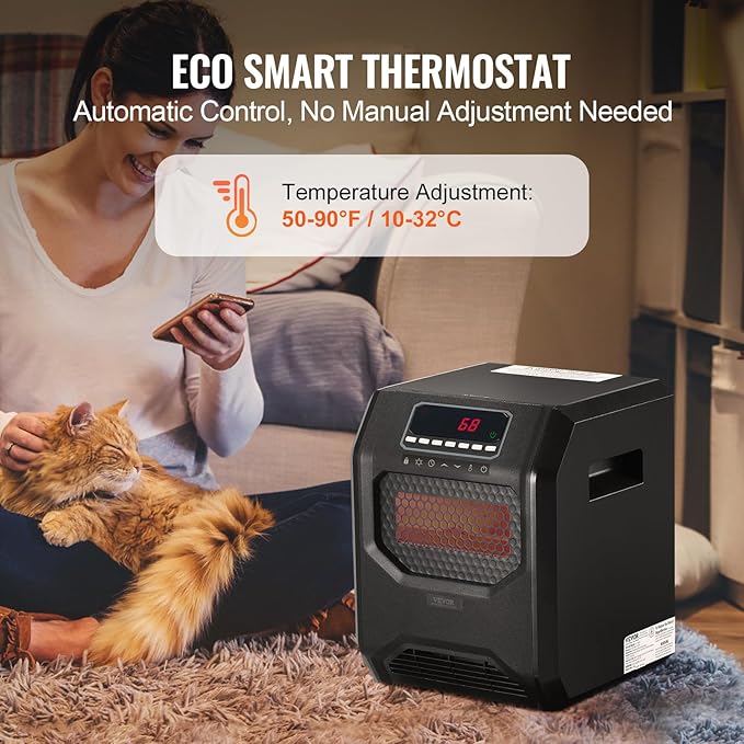 VEVOR Infrared Heater, 1500W Remote Control Electric Space Heater, LED Patio Heater w/ 3 Speeds & Timer & Overheat/Tip-Over Protection & Child Lock, for Bedroom,Living Room,Nursery,Studio,ABS