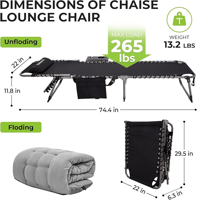 FUNDANGO Folding Chaise Lounge Chair with Soft Pad & Side Table for Outside, Patio, Beach, Sunbathing, Adjustable 5 Position Portable Camping Reclining Chair with Pillow