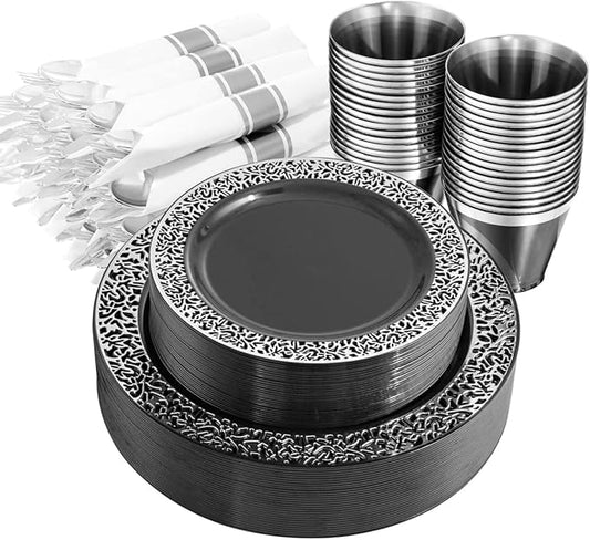 NOCCUR 210PCS Black and Silver Dinnerware Set for 30 Guests - Black Plastic Plates with Silver Rim Include 30 Dinner / 30 Dessert Plates, 30 Prewrapped Silverware, 30 Cups Ideal for Party, Halloween