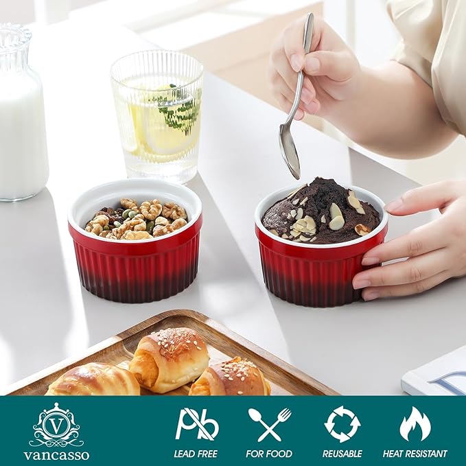 vancasso 8 oz Ramekins with Lid, Porcelain Creme Brulee Souffle Dishes, Red Pudding Custard Cups Ramiken for Baking, Dishwasher and Oven Safe, Set of 6