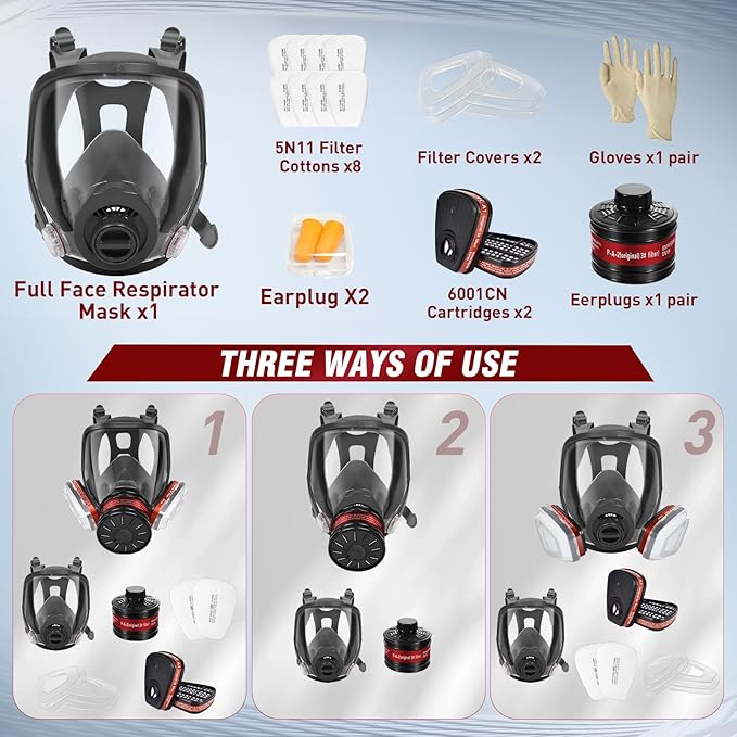 Gas Masks Survival Nuclear and Chemical - Full Face Gas Mask with 40mm Activated Carbon Filter, 6001 Filters, Earplug, and Gloves - Respirator Mask for Gases, Chemicals, Organic Vapors, Dust, Paint