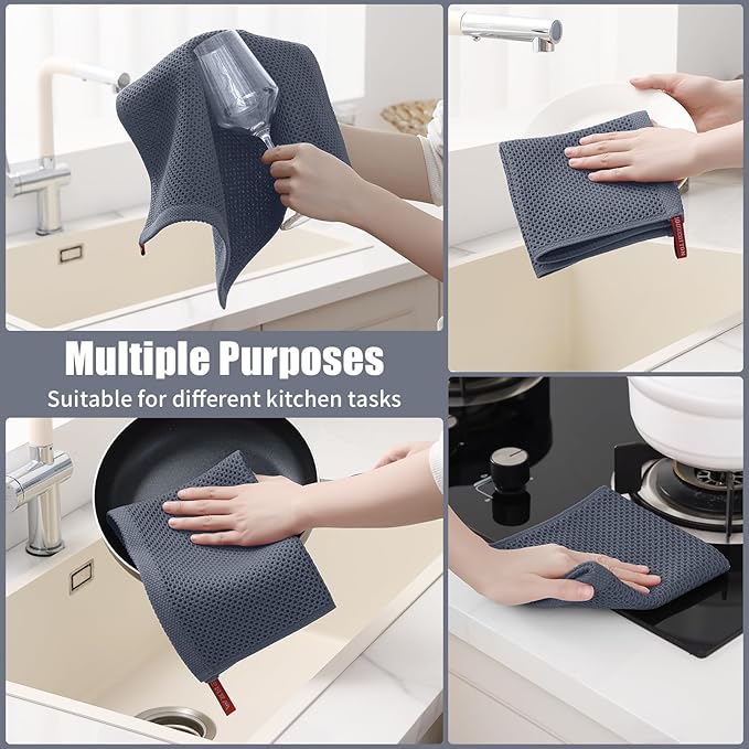 Kitinjoy 100% Cotton Kitchen Towels and Dishcloths Set, 10 Pack-13" x 28" and 12" x 12" Waffle Weave Dish Towels, Ultra Soft Absorbent Quick Drying Dish Rags, Dark Grey