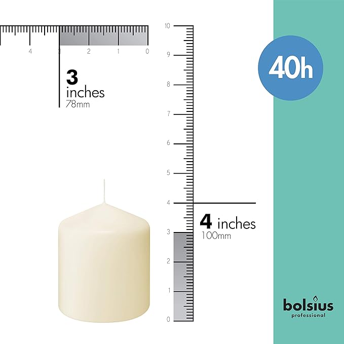 BOLSIUS 6 Ivory Pillar Candles Bulk - 3x4 Inches Candle Set - 40+ Hours Clean Burning - No Palm Oil - 0% Animal Fat - Premium European Quality - Unscented Dripless Restaurant Pillars