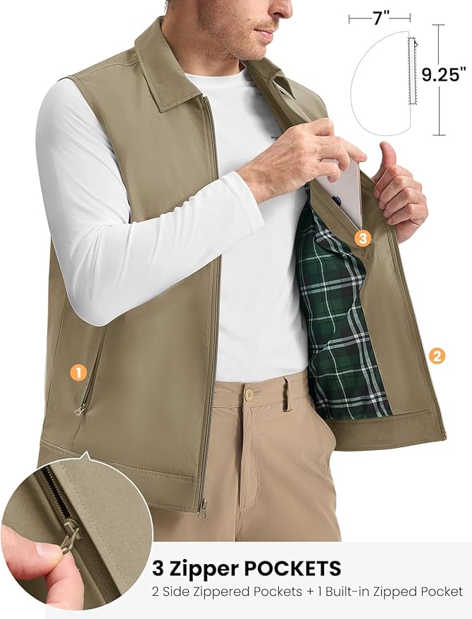 TBMPOY Men's Vest Casual Lightweight Thin Utility 3 Zip Pockets Stylish Sleeveless Jackets Summer Fall Golf Travel Business