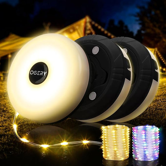 OGERY 3-Pack Camping String Lights, 2 in 1 Quick Storage 32.8FT Rechargeable Tent Lights String with 8 Lighting Modes, Hanging Waterproof Portable LED Lamp for Christmas Decor Party Bedroom Yard
