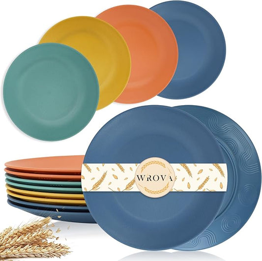 Wheat Straw Dinner Plates 9 Inch Unbreakable Set of 8 - Dishwasher & Microwave Safe Plastic Plates Reusable - Lightweight Plates for Kitchen,Camping,Apartment,Dorm,RV,Party - Colorful