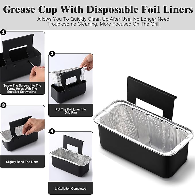 Grill Grease Catcher for Blackstone Griddle with 10 Pack Grease Cup Liners Aluminum Foil Tray Pan Drip Tray Pan for 17, 22, 28 & 36 inches Griddle (Long Hook)