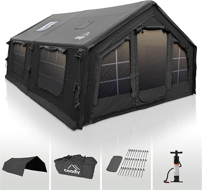 Coody | Rbm Outdoors Koala/Hub/Octopus Inflatable Tents for Camping with Stove Jack, 2/8/10 Person Luxury Canvas Blow Up Tent, 2 Room, Easy Setup Casa de Campaña, Large Inflatable House with Pump
