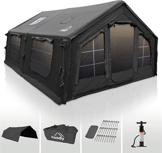 Coody | Rbm Outdoors Koala/Hub/Octopus Inflatable Tents for Camping with Stove Jack, 2/8/10 Person Luxury Canvas Blow Up Tent, 2 Room, Easy Setup Casa de Campaña, Large Inflatable House with Pump