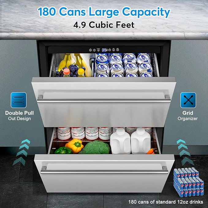 Under Counter Beverage Refrigerator 24 Inch, Outdoor Drawer Fridge Stainless Steel with Temperature Control for Home, Outdoor Patio and Commercial Use