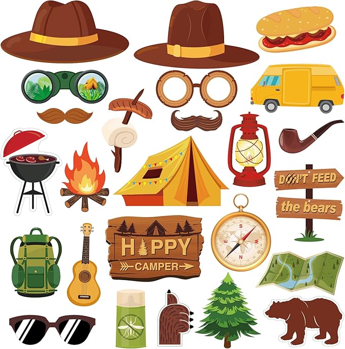 25Pcs Happy Camper Party Photo Props, Camping Adventure Photo Booth Props with Stick and Dot Glue for Camping Birthday Party, Baby Shower,Backyard Camp Out Campfire Hiking Adventure Party Decor