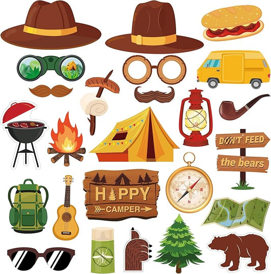 25Pcs Happy Camper Party Photo Props, Camping Adventure Photo Booth Props with Stick and Dot Glue for Camping Birthday Party, Baby Shower,Backyard Camp Out Campfire Hiking Adventure Party Decor