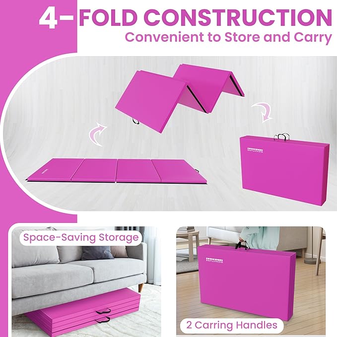 Folding Exercise Gymnastics Mat 10'x4'x2" Gym Workout Mat with Carrying Handles High-Density Anti-Tear Portable Fitness Aerobics Mats for Home Gym Yoga Pilates Tumbling MMA Core Training, Multiple Colors