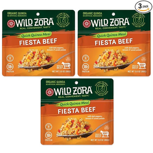 Wild Zora Instant Organic Quinoa Meals - Quick & Tasty Prepared Quinoa Bowls, Pantry Staples Gluten-Free Meal with Lentils Plus 10g Olive Oil Packet - Fiesta Beef (3-Pack)