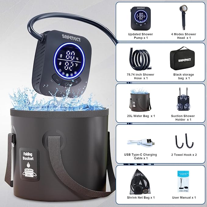 Portable Camp Shower Pump, IPX8 Waterproof, 8000mAh Rechargeable Shower Pump, 5 Speed Mode & 4 Water Mode Camping Shower with 20 L Foldable Bucket, Shower for Hiking,Travel, Pet Bath, Car Wash