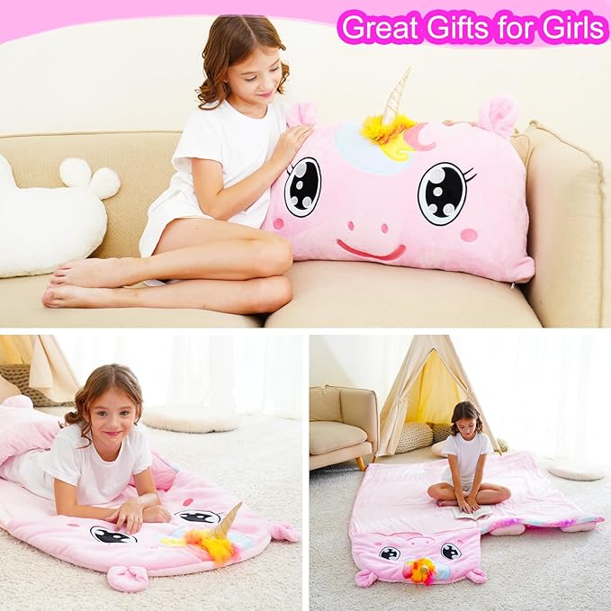Kid Sleeping Bag with Pillow - Larger Toddler Nap Mat - Plush Slumber Bag for Boys Girls Daycare Preschool Kindergarten Birthday Gift Travel Sleepover Ages 3-12 Years