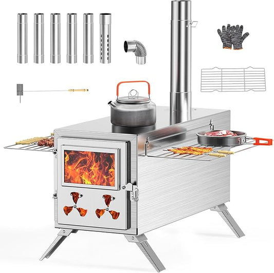 Hot Tent Stove, Camping Wood Stove for Tent, Portable Stainless Steel Wood Burning Stove with 7 Chimney Pipes for Wall Tent Camping, Cooking, Ice Fishing, Hunting, Boiling Water - Large
