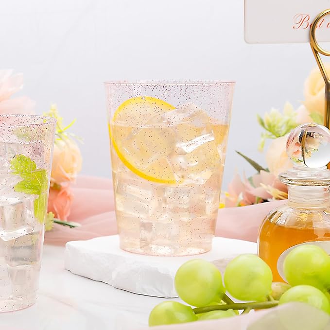 DaYammi 100 Pack 10oz Pink Plastic Cups, Premium Disposable Rose Gold Glitter Plastic Cups for Martini and Cocktail, Hard Clear Disposable Cup with Pink Glitter Perfect for Fancy Wedding Party