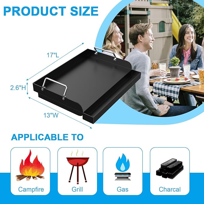 Nonstick Grill Griddle for Most Gas Grill 17" x 13" Universal Flat Top Cooking Plate Insert for Charcoal/Gas/Electric Oven with Grease Groove and Removable Handles