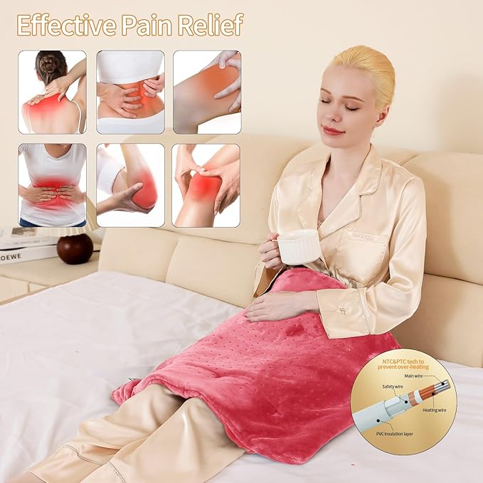Massaging Weighted Heating Pad for Back Pain Relief,Heating Pads for Neck, Shoulder,Cramp,Portable Heated Pad with 3 Heat Settings & 6 Massage,18 Relaxing Combinations,Auto Off,20"*24",Grapefruit Red