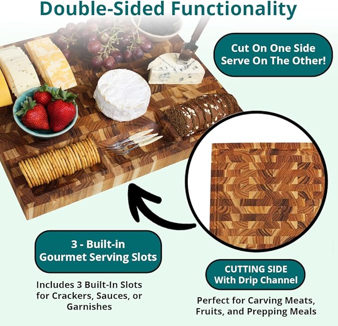 EcoDecors FSC Certified Solid Teak Wood Cutting Board 24x18, Large End Grain Butcher Block with Juice Groove, Side Handles, Charcuterie Slots, Reversible