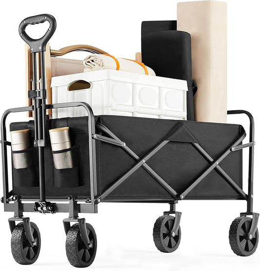 Collapsible Wagon Cart, 360lbs Heavy Duty Foldable Wagon with All-Terrain Wheels and Drink Holders for Beach Camping Shopping Garden, Black