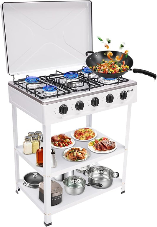 Natural Gas Stove, Outdoor 5-Burner Stove, Portable Natural Gas Stove with 2 Placement Boards and Windshield for Outdoor Camping, Fishing, RV Travel (White)