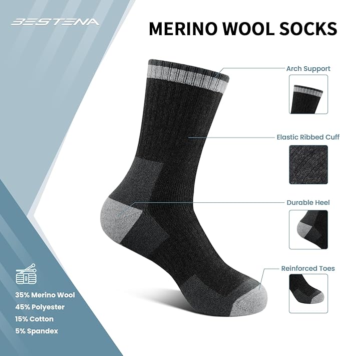 BESTENA Merino Wool Hiking Socks for Men 5 Pairs Thermal Warm Winter Thick Cushion Moisture Wicking Crew Boot Socks