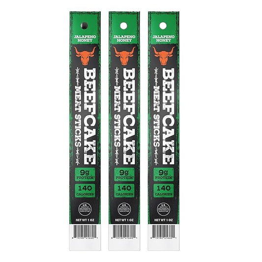 Beefcake Jerky Jalapeno Honey Meat Sticks, Sweet Heat Protein Snacks, 9g Protein, 3 Sticks