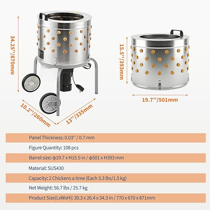 Chicken Plucker Machine, 20 inch Drum Stainless Steel Poultry Plucker, Defeathering Equipment with 108 Soft Fingers, Simple Debris Collection, for Farms, Restaurants, Home, Poultry Plucking, Silver